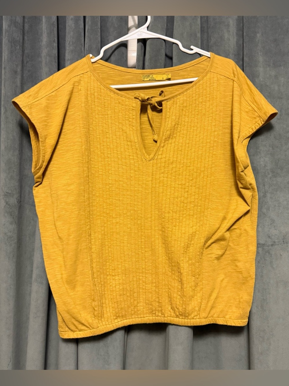 Mustard Short Sleeve Tie-Neck Top - Women Prana Small Keyhole